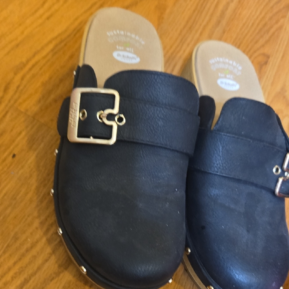 Dr. Scholl's Black Mules with Gold Buckle